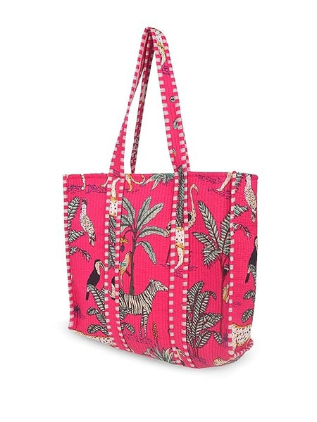 Women Shopping Bag, PINK Cotton Quilted Tote Bag, Indian Handmade Bag, Party Bag, Large Market Bag, Shoulder Bag, Beach Bag, Eco Friendly Tote - 1