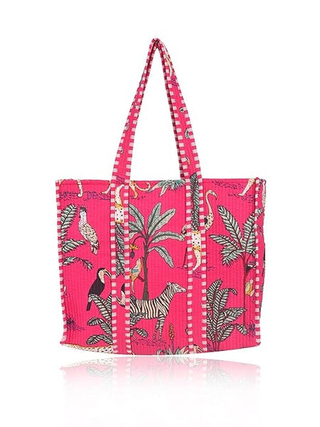 Women Shopping Bag, PINK Cotton Quilted Tote Bag, Indian Handmade Bag, Party Bag, Large Market Bag, Shoulder Bag, Beach Bag, Eco Friendly Tote - 1