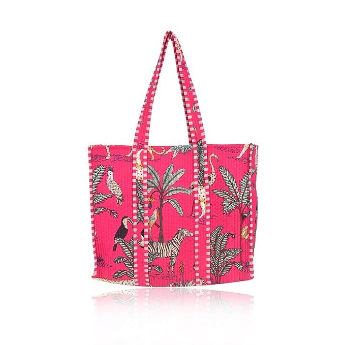 Women Shopping Bag, Cotton pink Quilted Tote Bag, Indian Handmade Bag, Party Bag, Large Market Bag, Shoulder Bag, Beach Bag, Eco Friendly Tote