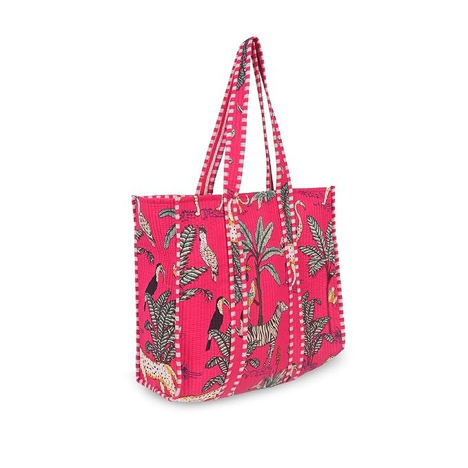 Women Shopping Bag, PINK Cotton Quilted Tote Bag, Indian Handmade Bag, Party Bag, Large Market Bag, Shoulder Bag, Beach Bag, Eco Friendly Tote - 1