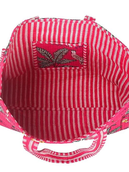 Women Shopping Bag, PINK Cotton Quilted Tote Bag, Indian Handmade Bag, Party Bag, Large Market Bag, Shoulder Bag, Beach Bag, Eco Friendly Tote - 1