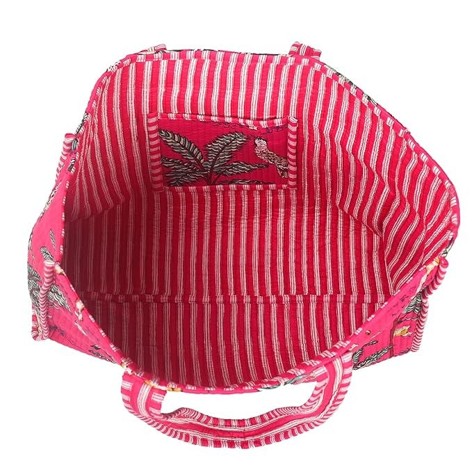 Women Shopping Bag, PINK Cotton Quilted Tote Bag, Indian Handmade Bag, Party Bag, Large Market Bag, Shoulder Bag, Beach Bag, Eco Friendly Tote - 1