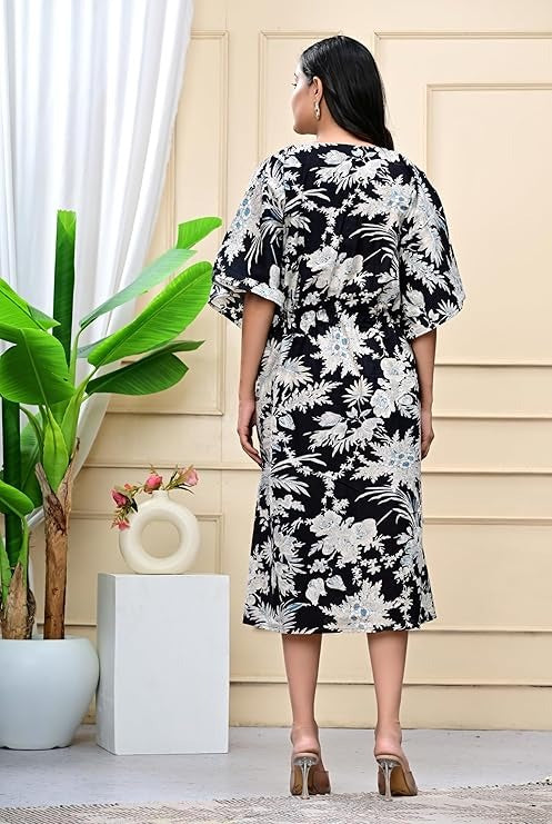 Handmade Indian Cotton Kaftan - Black Floral Hand Block Printed Caftan Dress