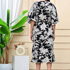 Handmade Indian Cotton Kaftan - Black Floral Hand Block Printed Caftan Dress