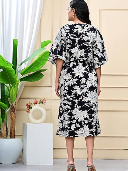 Handmade Indian Cotton Kaftan - Black Floral Hand Block Printed Caftan Dress