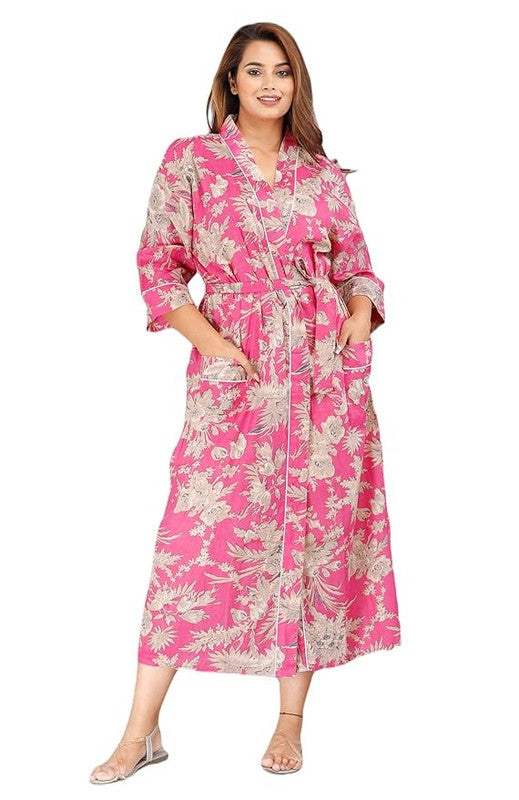 Handmade Indian Cotton Kaftan - Floral Pink Hand Block Printed Caftan Dress