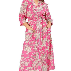 Handmade Indian Cotton Kaftan - Floral Pink Hand Block Printed Caftan Dress