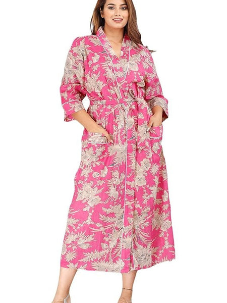 Handmade Indian Cotton Kaftan - Floral Pink Hand Block Printed Caftan Dress