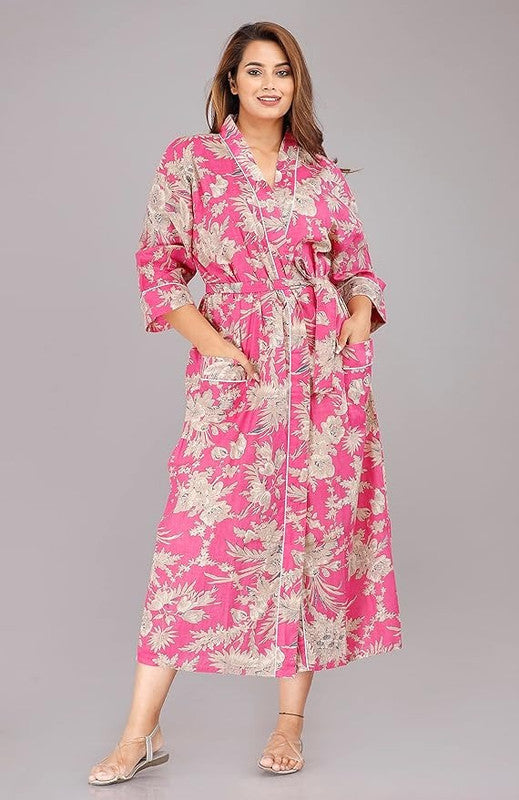 Handmade Indian Cotton Kaftan - Floral Pink Hand Block Printed Caftan Dress