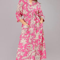 Handmade Indian Cotton Kaftan - Floral Pink Hand Block Printed Caftan Dress