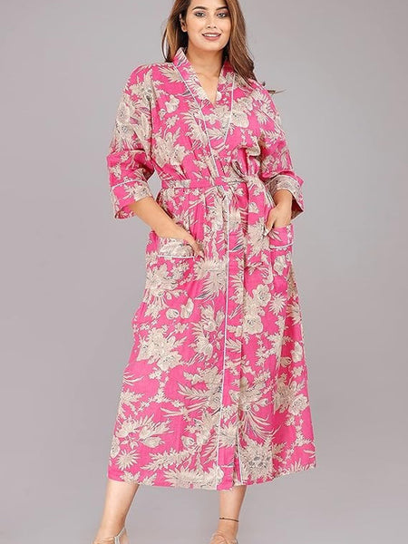 Handmade Indian Cotton Kaftan - Floral Pink Hand Block Printed Caftan Dress