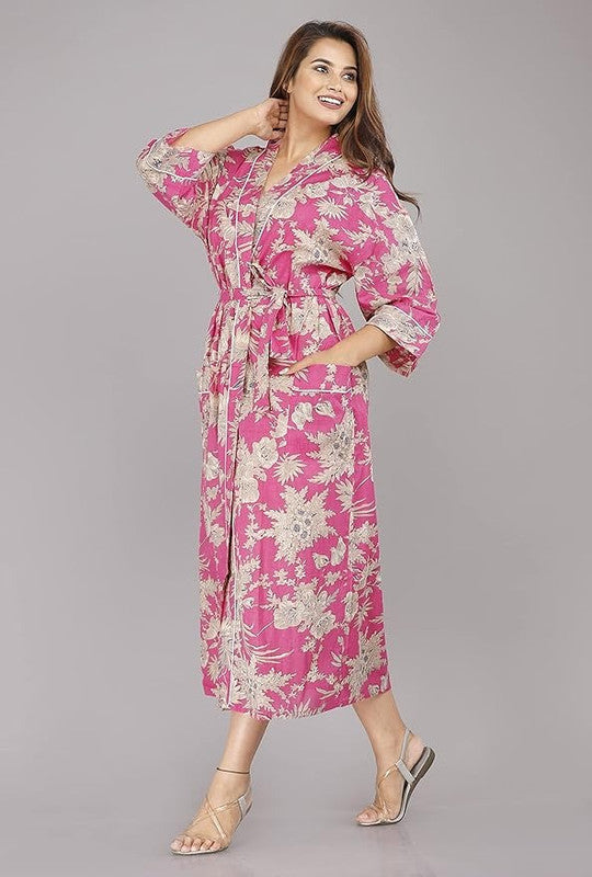 Handmade Indian Cotton Kaftan - Floral Pink Hand Block Printed Caftan Dress