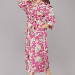 Handmade Indian Cotton Kaftan - Floral Pink Hand Block Printed Caftan Dress