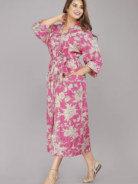 Handmade Indian Cotton Kaftan - Floral Pink Hand Block Printed Caftan Dress