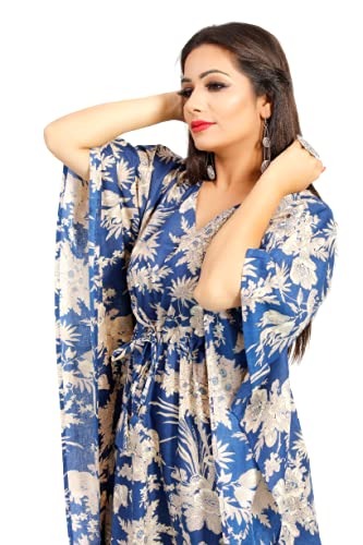 Handmade Indian Cotton Kaftan Blue Floral Hand Block Print Caftan Dress