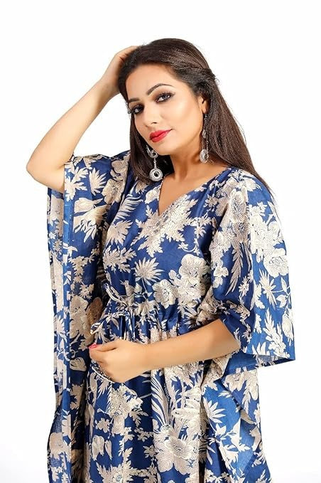 Handmade Indian Cotton Kaftan Blue Floral Hand Block Print Caftan Dress