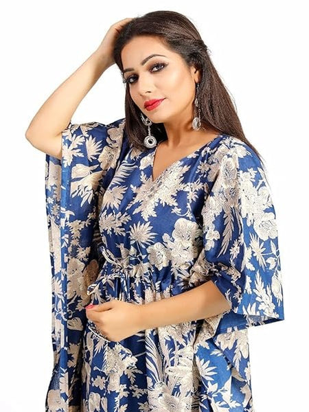 Handmade Indian Cotton Kaftan Blue Floral Hand Block Print Caftan Dress