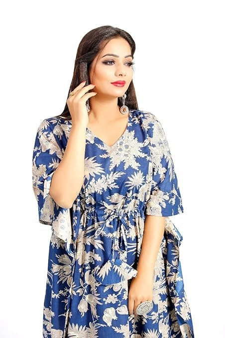 Handmade Indian Cotton Kaftan Blue Floral Hand Block Print Caftan Dress