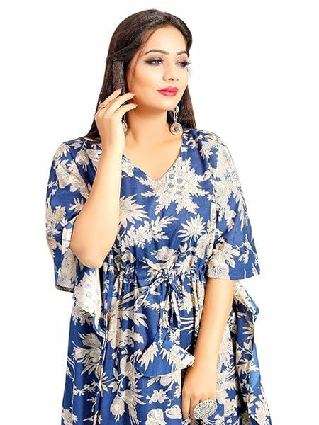 Handmade Indian Cotton Kaftan Blue Floral Hand Block Print Caftan Dress