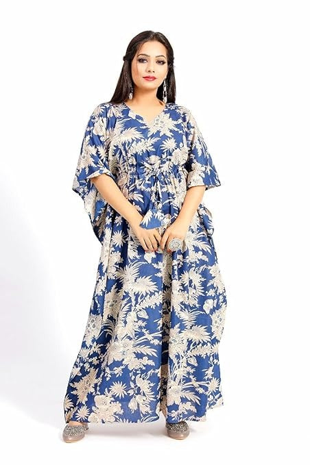 Handmade Indian Cotton Kaftan Blue Floral Hand Block Print Caftan Dress
