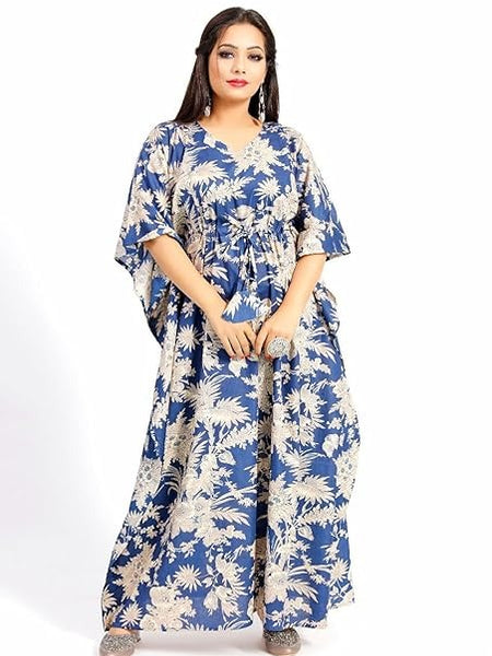 Handmade Indian Cotton Kaftan Blue Floral Hand Block Print Caftan Dress