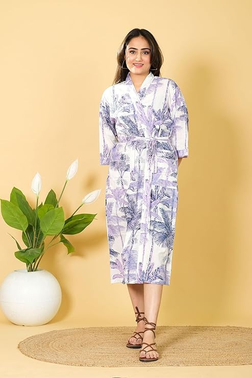 White Floral Hand Block Print Cotton Kimono Robe Bridesmaid Dressing Gown