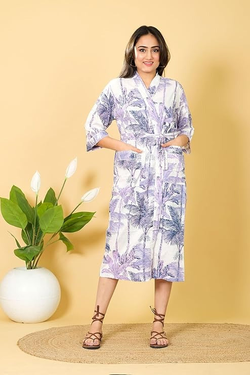 White Floral Hand Block Print Cotton Kimono Robe Bridesmaid Dressing Gown