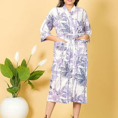 White Floral Hand Block Print Cotton Kimono Robe Bridesmaid Dressing Gown
