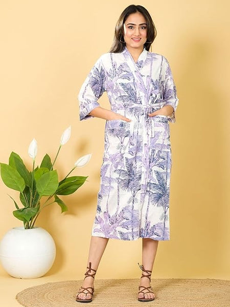 White Floral Hand Block Print Cotton Kimono Robe Bridesmaid Dressing Gown