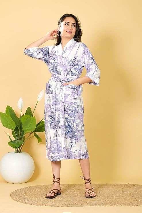 White Floral Hand Block Print Cotton Kimono Robe Bridesmaid Dressing Gown