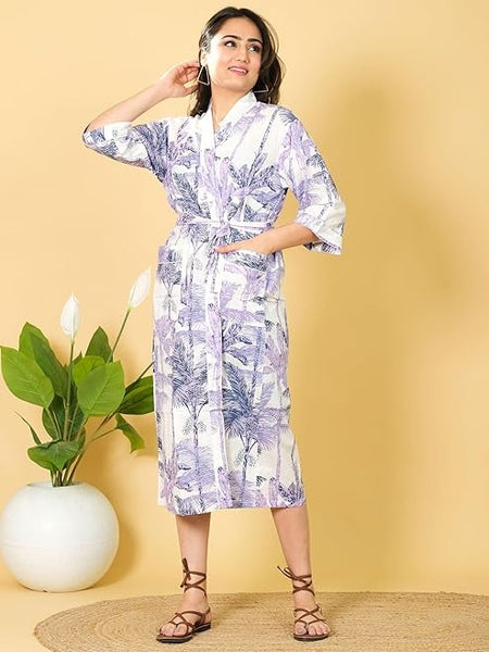 White Floral Hand Block Print Cotton Kimono Robe Bridesmaid Dressing Gown