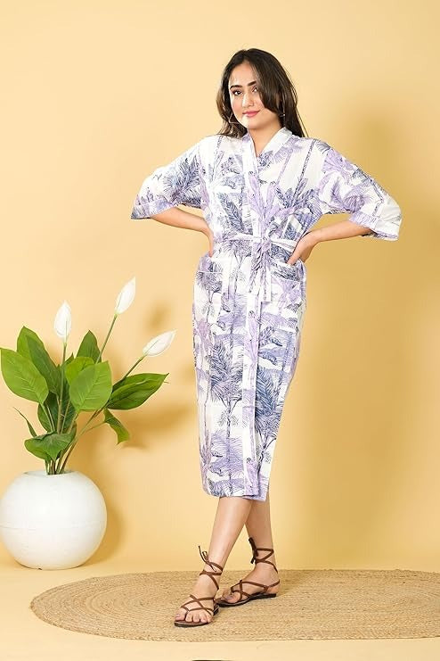 White Floral Hand Block Print Cotton Kimono Robe Bridesmaid Dressing Gown