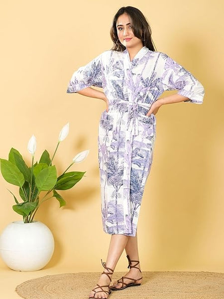 White Floral Hand Block Print Cotton Kimono Robe Bridesmaid Dressing Gown
