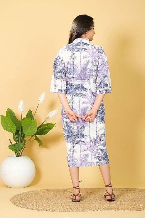White Floral Hand Block Print Cotton Kimono Robe Bridesmaid Dressing Gown