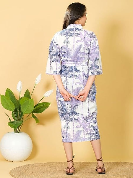 White Floral Hand Block Print Cotton Kimono Robe Bridesmaid Dressing Gown