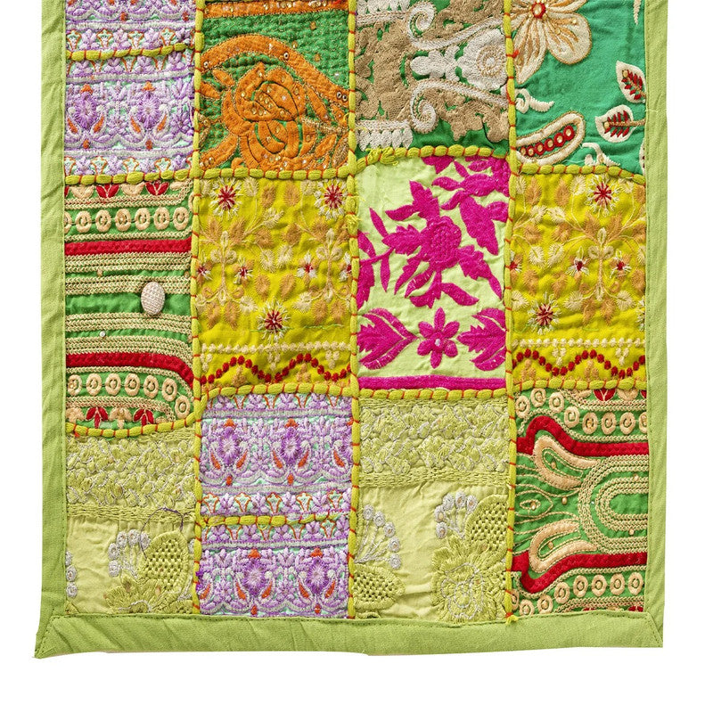 Handmade Indian Khambadiya Cotton Runner Parrot Green Patchwork Elegance