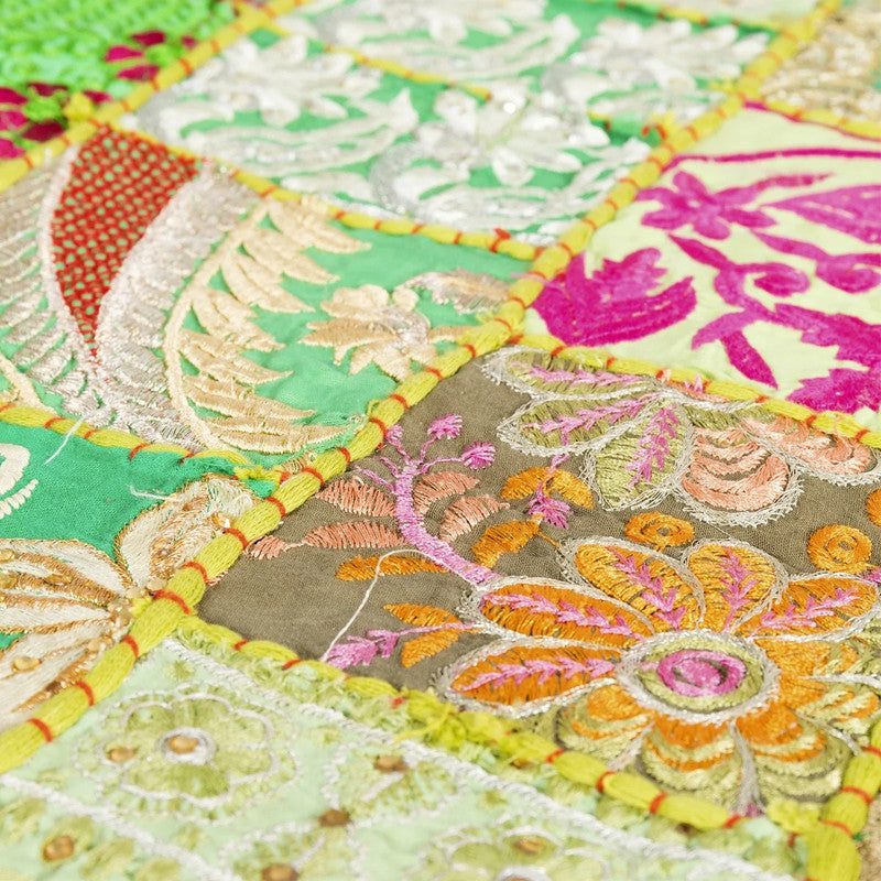 Handmade Indian Khambadiya Cotton Runner Parrot Green Patchwork Elegance