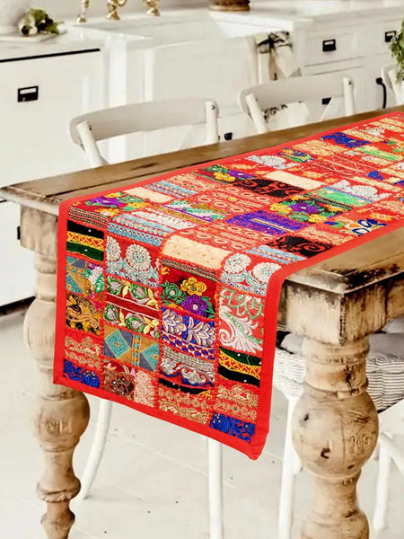 Handmade Indian Khambadiya Patchwork Cotton Runner Vibrant Red Elegance