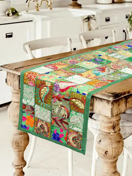 Green Khambadiya Patchwork Runner Authentic Indian Handloom