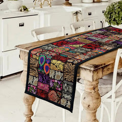 Handcrafted Indian Black Cotton Table Runner Embroidered Patchwork Elegance