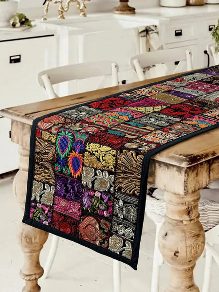 Handcrafted Indian Black Cotton Table Runner Embroidered Patchwork Elegance