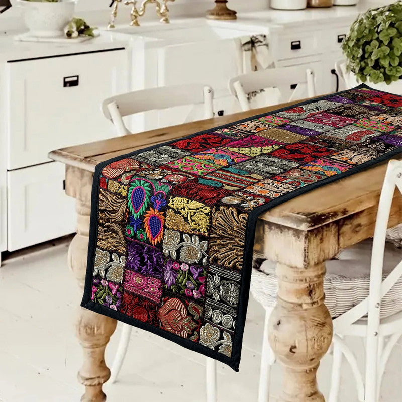 Handcrafted Indian Black Cotton Table Runner Embroidered Patchwork Elegance