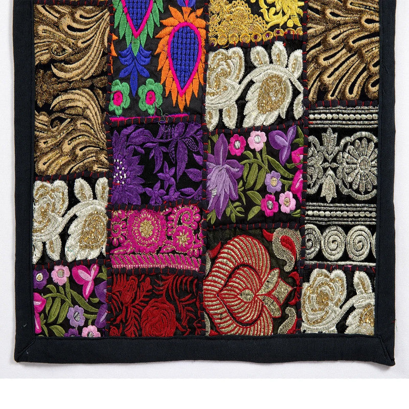 Handcrafted Indian Black Cotton Table Runner Embroidered Patchwork Elegance