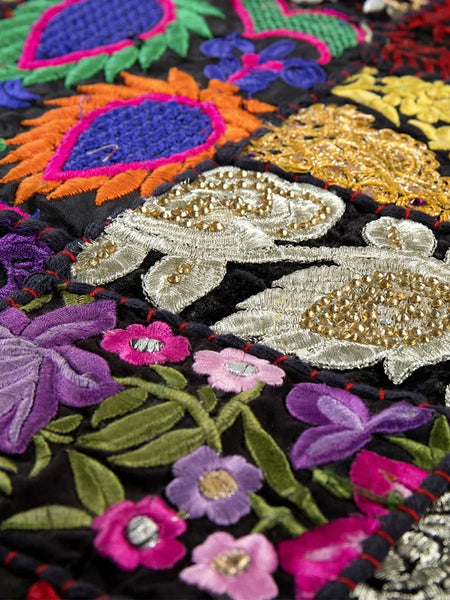 Handcrafted Indian Black Cotton Table Runner Embroidered Patchwork Elegance