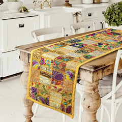 Handcrafted Yellow Khambadiya Patchwork Wall Hanging Runner - Traditional Indian Textile Art with Intricate Embroidery and