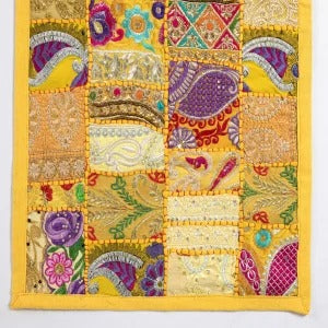 Handcrafted Yellow Khambadiya Patchwork Wall Hanging Runner - Traditional Indian Textile Art with Intricate Embroidery and
