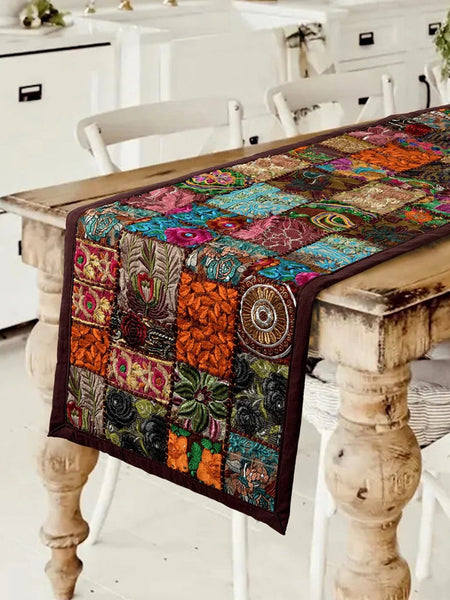 Indian Embroidery Brown Patchwork Cotton Table Runner: Handcrafted Elegance for Your Home