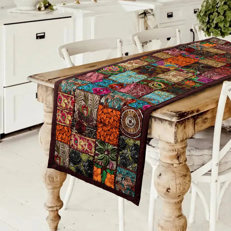 Indian Embroidery Brown Patchwork Cotton Table Runner: Handcrafted Elegance for Your Home