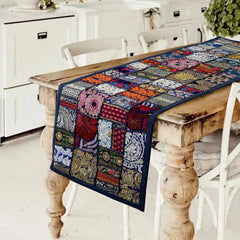 Elegant and Timeless: Beautiful Indian Embroidery Blue Patchwork Cotton Table Runner