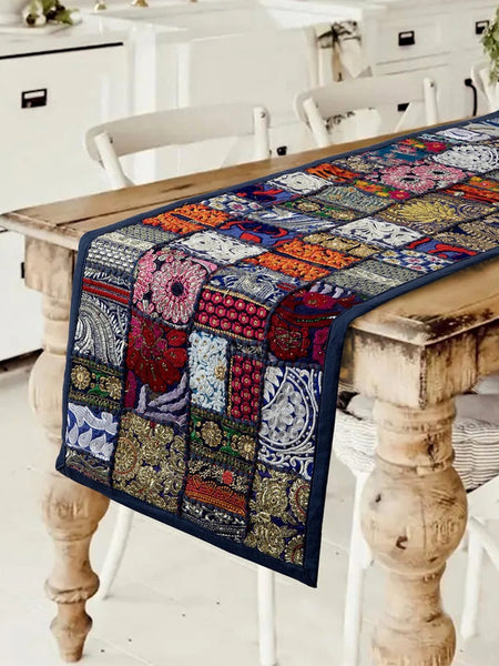 Elegant and Timeless: Beautiful Indian Embroidery Blue Patchwork Cotton Table Runner